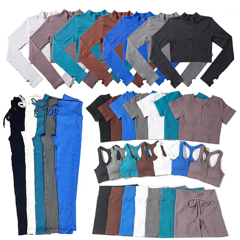 Ribbed Seamless Knitted Tracksuit: Crop Top & High Waist Butt Lift Yoga Pants, Long/Short Sleeve Options