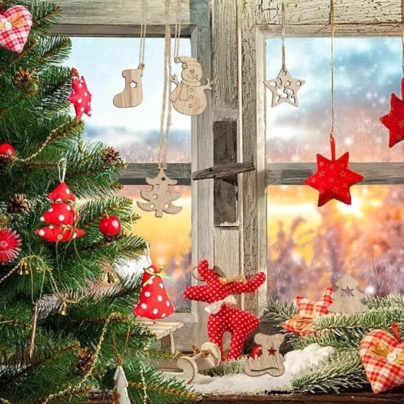50PCS Mini Christmas Tree Snowflakes Stars Moose Bells Hats Socks Angels Christmas Unfinished Blank Wood Pieces Wood Slices