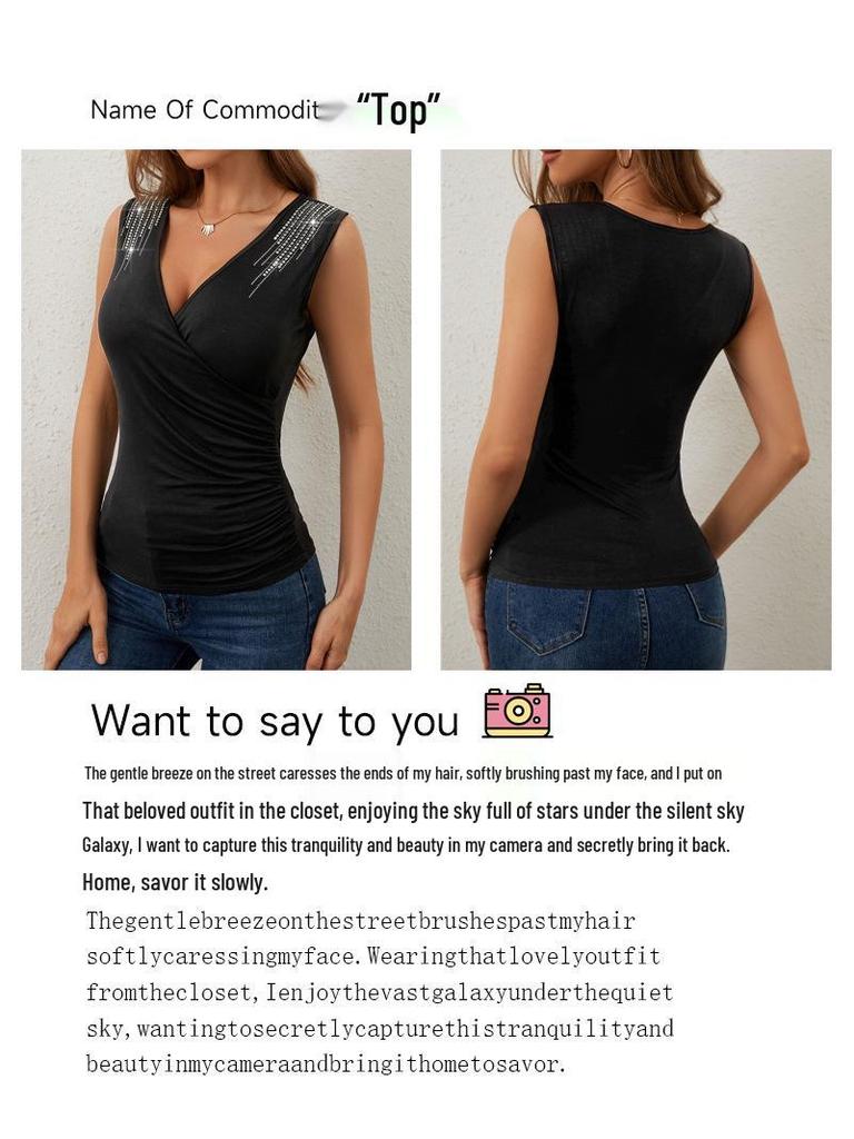 2025 Spring/Summer Elegant Pleated Hot Drill Sleeveless Slim Fit Women's Tank Top