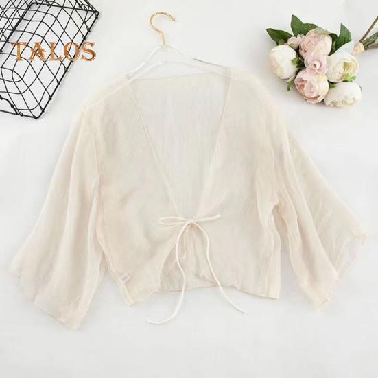Dámský průhledný šifonový kardigan s předním zavazováním, průhledný, volný top elegantní šátek v retro stylu na dovolenou na pláž, denní nošení