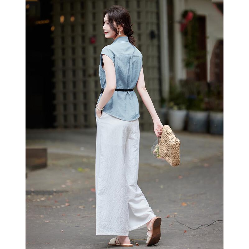 TERRE BLEUE Women's Summer Short Sleeve Shirt & Casual Pants Set