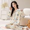 Bear Blue Flower Women Pajamas Set Long Sleeves Long Pants Autumn Winter Cute Kawaii Sleepwear Pyjamas Soft Pijamas Ladies Cozy