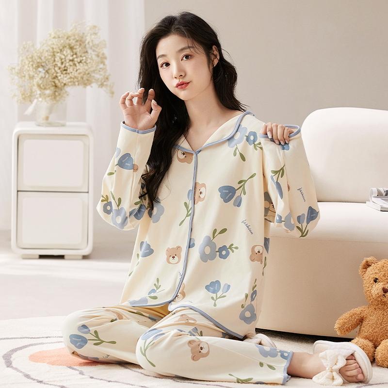 Bear Blue Flower Women Pajamas Set Long Sleeves Long Pants Autumn Winter Cute Kawaii Sleepwear Pyjamas Soft Pijamas Ladies Cozy