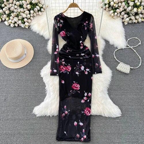 Sexy Tie-dye Printed V-Neck Long Sleeve Dress Women Chic Elegant Patchwork Vintage Midi Dresses Female Korean Fashion Casual One Piece Dress 2024