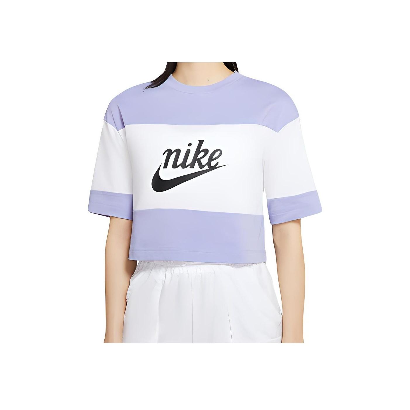 

Nike Укороченный топ с цветными блоками, круглый вырез, короткий рукав, футболка, женские топы, светло-чертополохово-фиолетовый CK1302-100 S