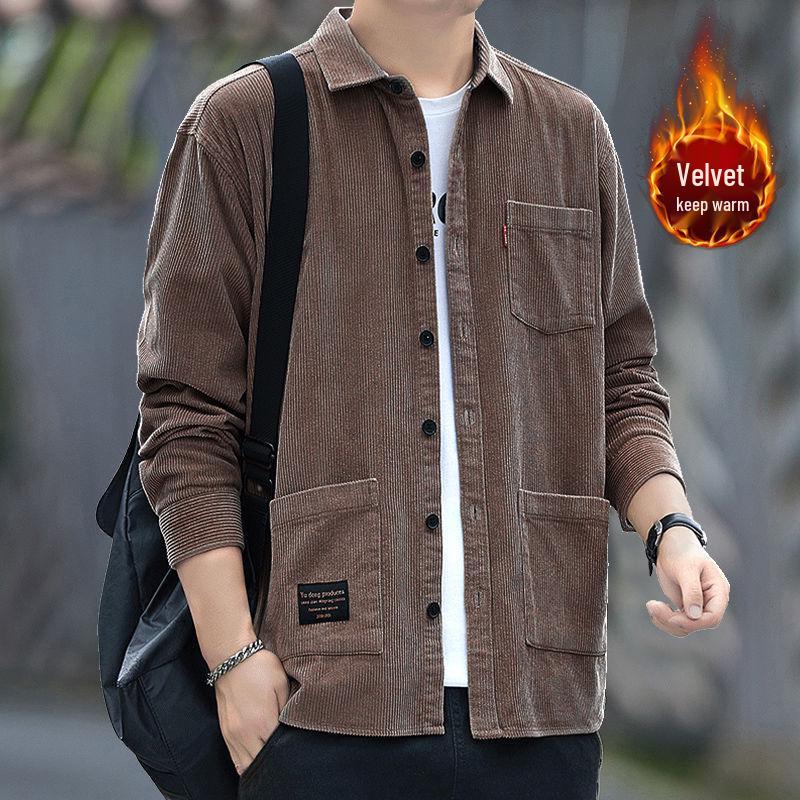 Men's Autumn Long Sleeve Velvet Corduroy Jacket with Real Pockets - Solid Color Casual and Trendy Shirt