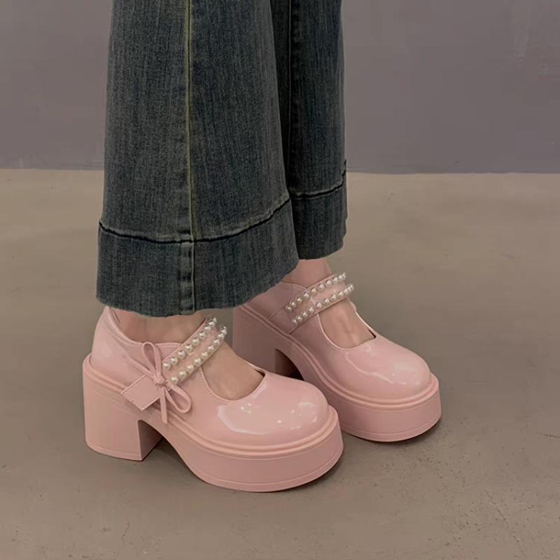 Modische Süße Schleife Lackleder Mary Jane Schuhe Damen 2025 Herbst Klobige Plateau High Heel Pumps Luxus Perlen Lolita Schuhe