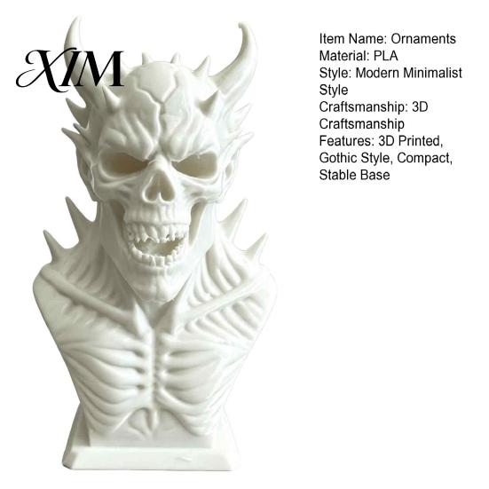 Spooky Theme Room Decoration 3D Printed Demon Skull Bust Statue, Gothic Horned Skeleton Personalized Gift for Him Figurine, Mini Desktop Ornament