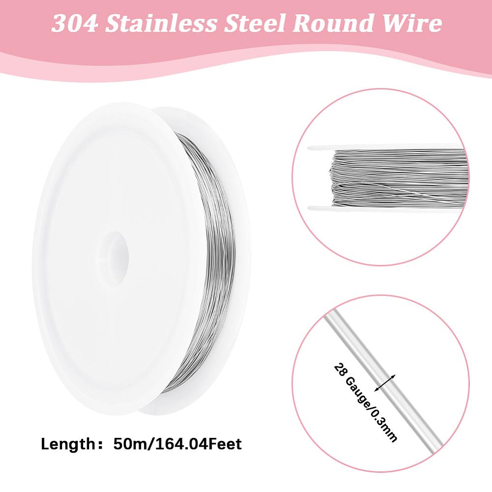 304 Stainless Steel Wire, Round, for Jewelry Making, Stainless Steel Color, 28 Gauge(0.3mm), About 164.04 Feet(50m)/Roll