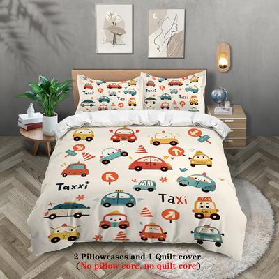 Estampa de carro fofo de desenho animado de 3 peças (1 capa de edredão + 2 fronhas, sem miolo) conjunto de cama macio e confortável