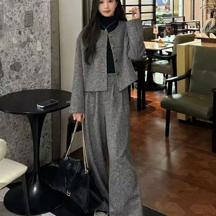 Women's Autumn/Winter Tweed Suit: Little Fragrance Style Coat & Wide-Leg Pants Set