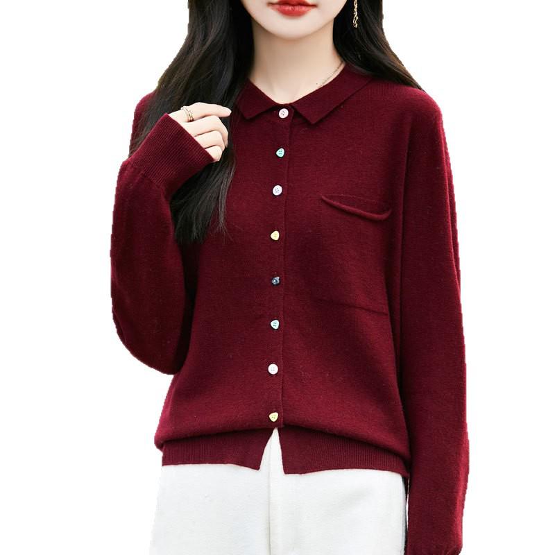 Spring/Summer 2026 Women's 100% Wool Polo Neck Long Sleeve Knit Cardigan Jacket with Colorful Buttons