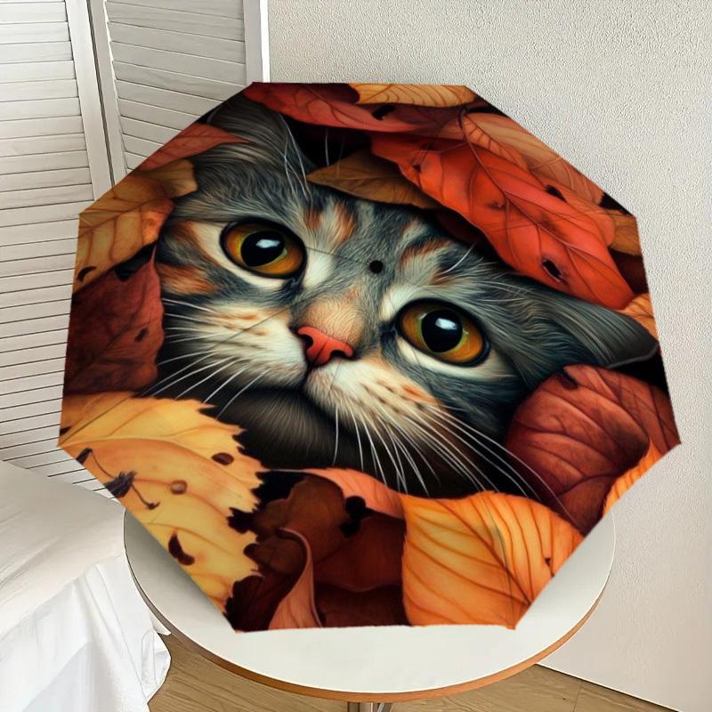 

1pc Autumn Leaves Cat Print Automatic Folding Umbrella - Compact 8-Rib Design,Perfect Gift for Friends & Family yy250926017