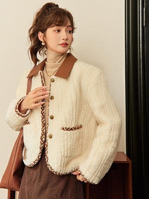 Lambswool Coat for Women 2023 Winter New Warm Thickened Stylish Patchwork Design Jacket MXC51W0105