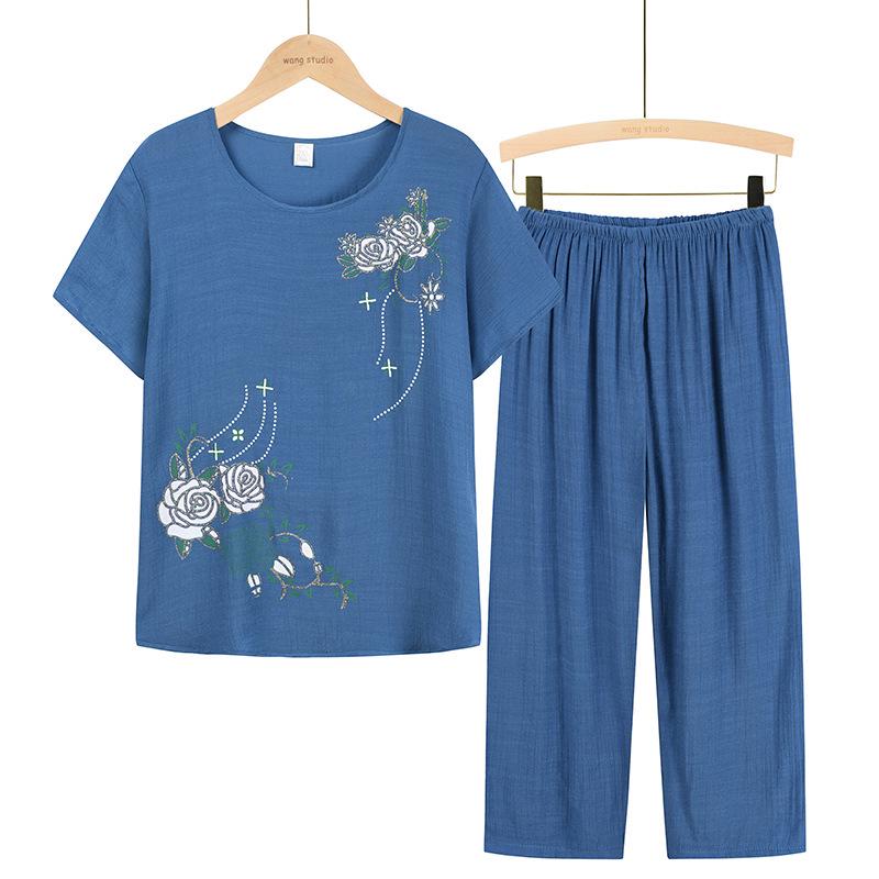 Conjunto de duas peças de verão: Camiseta de Manga Curta e Calças de Pijama para Mulheres de Meia-Idade e Idosas