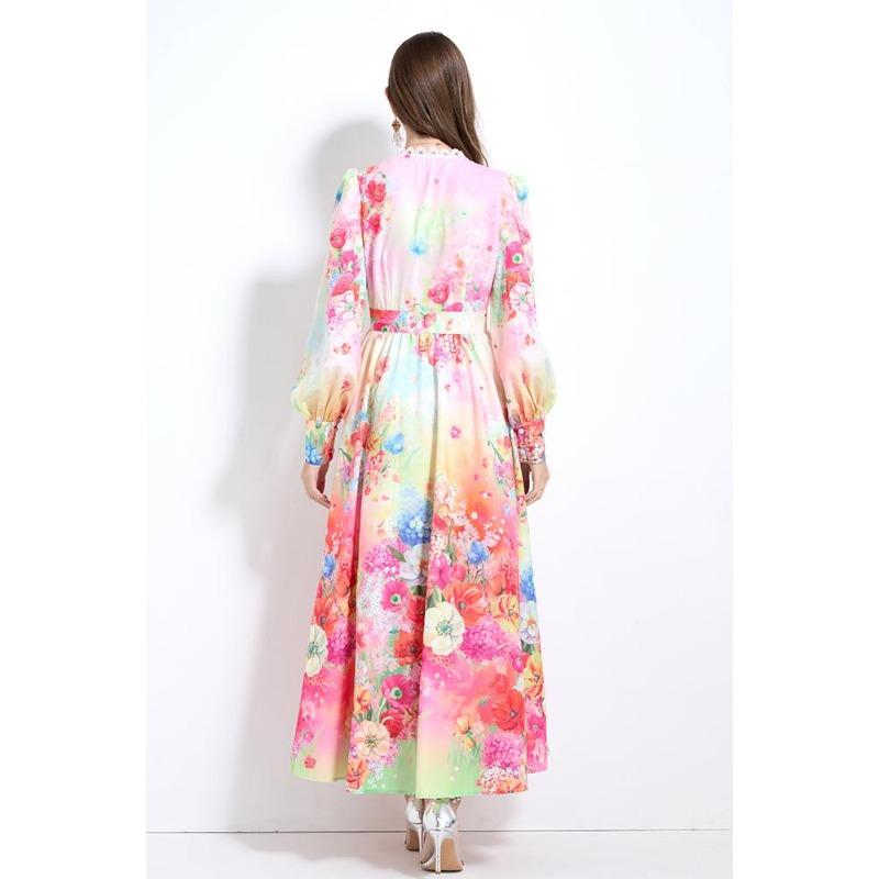 Spring Autumn Women V-neck Single Breasted Print Long Maxi Holiday Beach Dresses