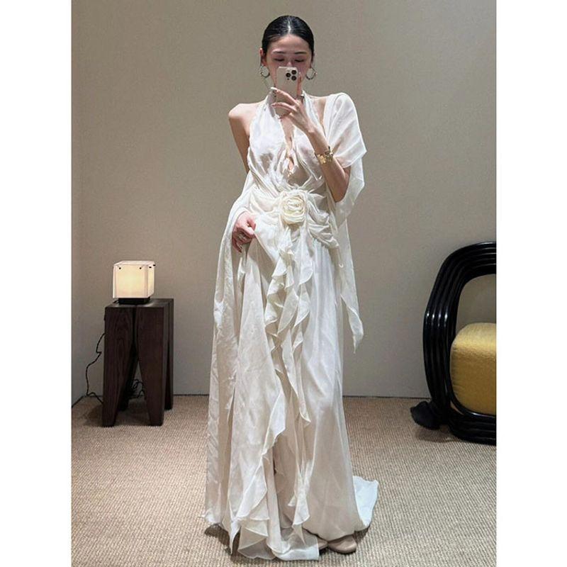 

French style White Flowers Frill Hanging Neck Sling Dress Women New Design Seaside Vacation Fairy Dress Dress L