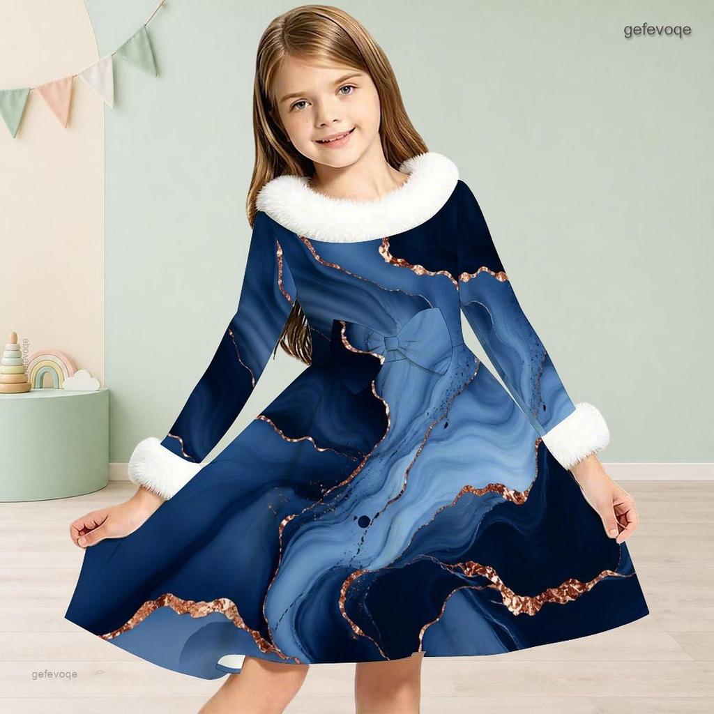 Girls Long Sleeve Green Gold Printed Faux Fur Collar Bow Waist A Line Flared Dress
