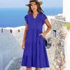 Women's V-neck, Ruffled Sleeve, Mid-length, Patchwork, Wide Skirt, Pocket Dress