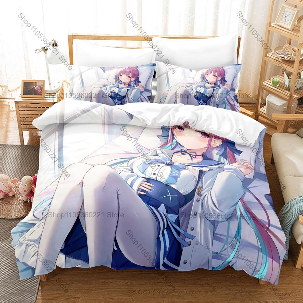 Kawaii Minato Aqua Anchor Logo Graphic Bedding Set Duvet Cover With 2 Pillowcases Teen Room Decor All Season Gift