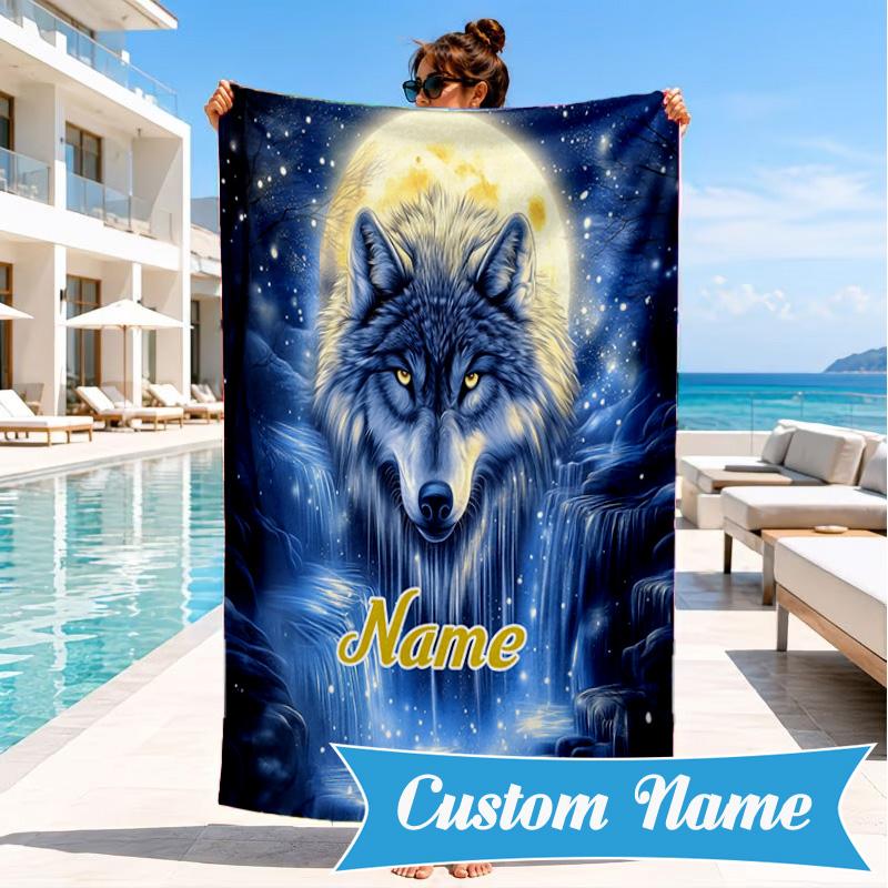 Personalisierbares Strandtuch mit Wolfsgeist-Motiv, Mikrofaser-Strandtuch, Leicht und Schnelltrocknend, für Sommerreisen, Schwimmbad-Geschenk