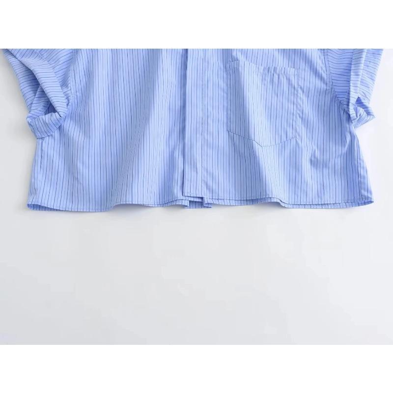 Dámská módní zkrácená popelínová košile Dámská ležérní klopa Krátký rukáv Kapsa Vpředu Knoflíky Všestranný dámský top