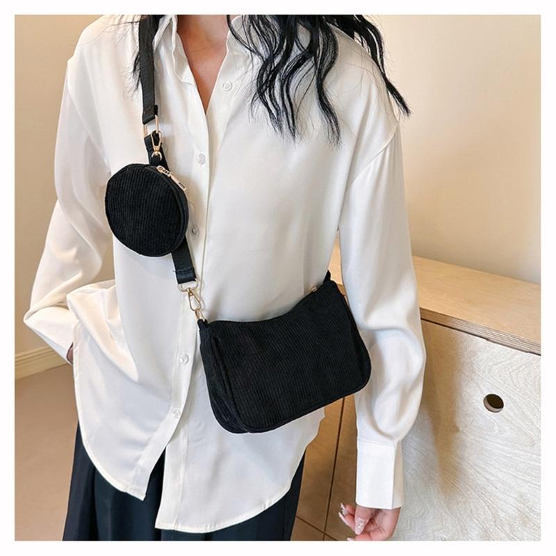 Womens Fashion Solid Color Corduroy Underarm Bag with Coin Purse Pouches Shoulder Crossbody Bag for Shopping Dating Work
