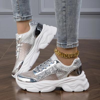 Zapatillas de deporte con plataforma con diseño de purpurina para mujer, zapatos informales con cordones para exteriores, zapatos bajos cómodos, zapatos transpirables de verano para mujer