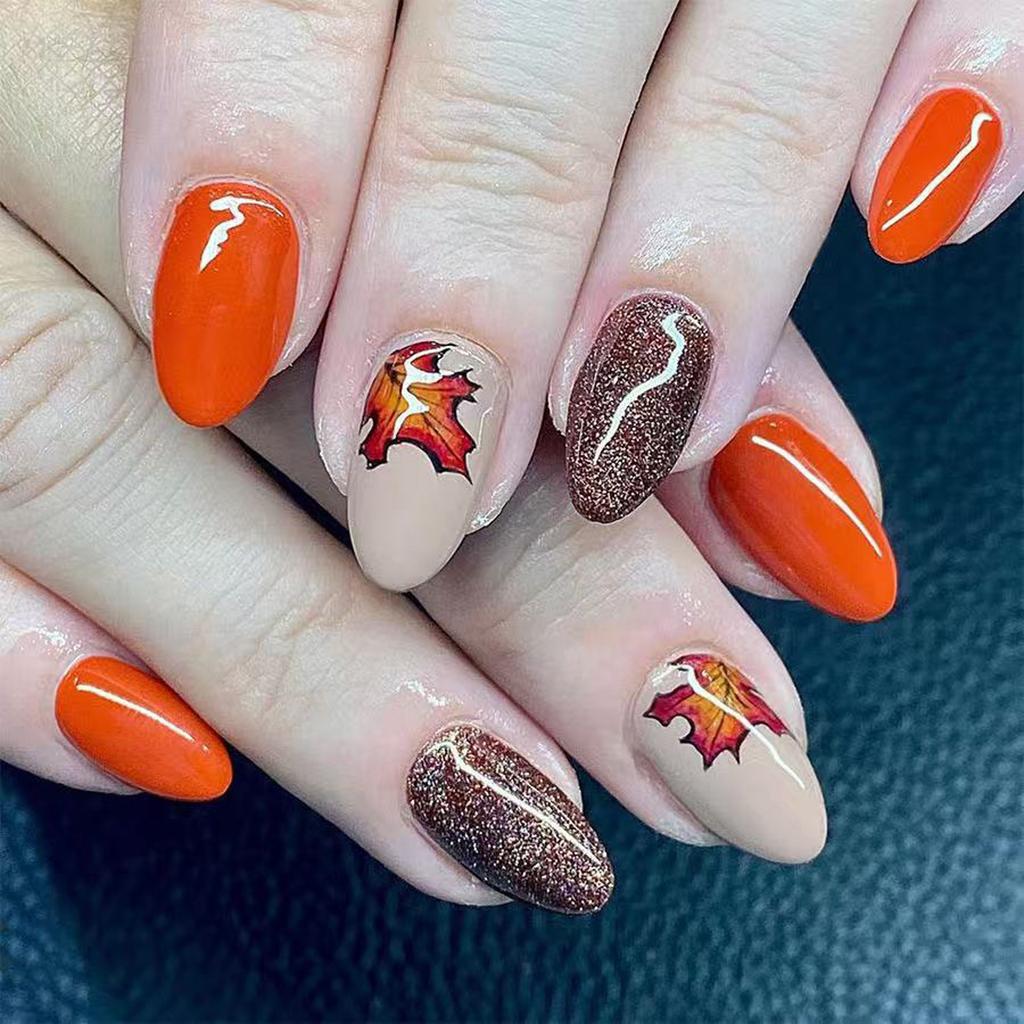 Fall Maple Leaf Press On Nails Almond Fake Nails with Glitter Design Thanksgiving False Nails Autumn Stick On Nails