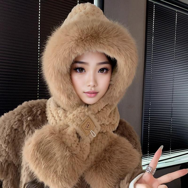 Cute Bear Hat Gloves Three In One Scarf Plush Hat for Women In Winter Riding Easy Outdoor High End Warm Hat