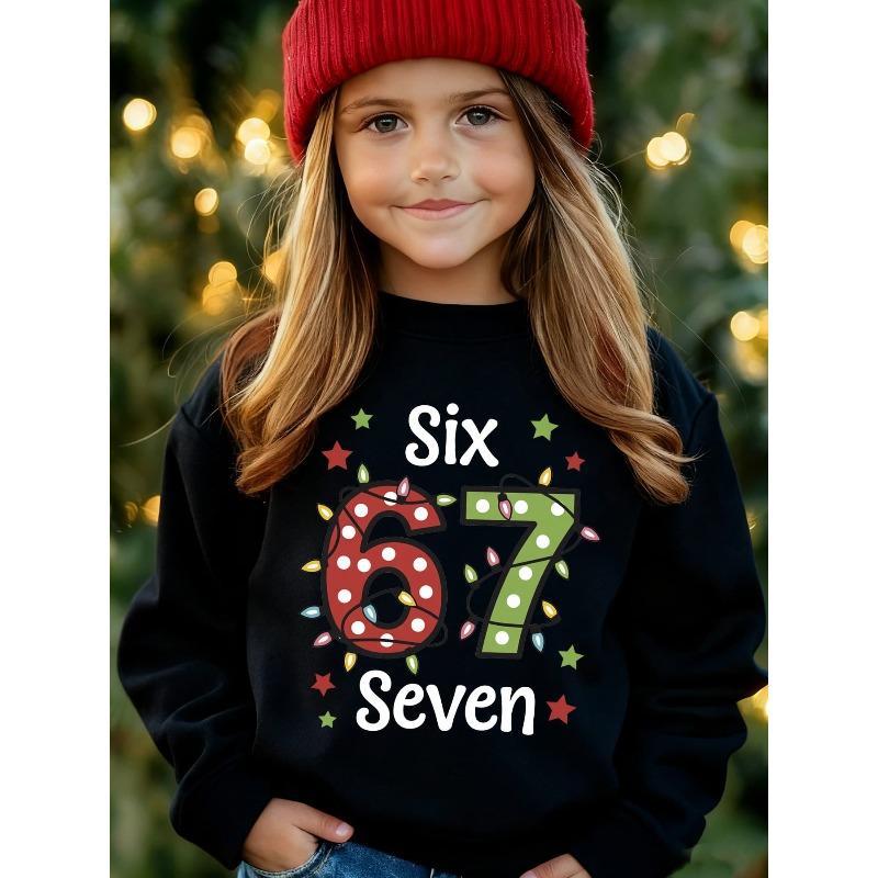 Christmas Birthday Kids Sweatshirt Over 4Y Unisex Boys Girls SIX SEVEN Xmas Light Polka Dot Number 67 Star Graphic Pullover For 4-12 Children 110 чёрный