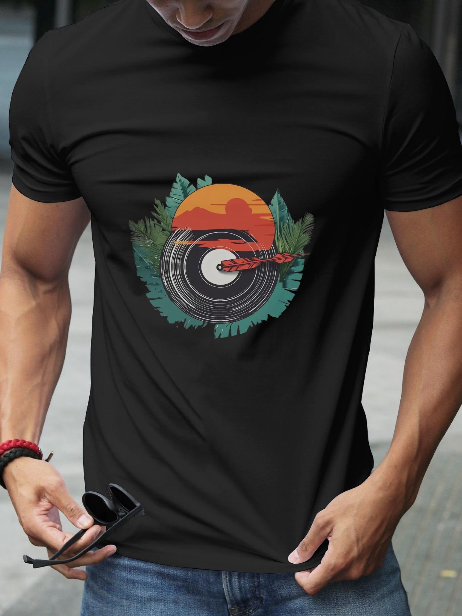 Retro Vinyl Record & Sunset Greenery Graphic T-shirt - 180g Cotton Crew Neck Short Sleeve S