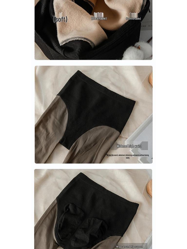 Black Silk Nude-Look Fleece-Lined Sheer Pantyhose Plus Size Leggings with Tummy Control & Hip Lift