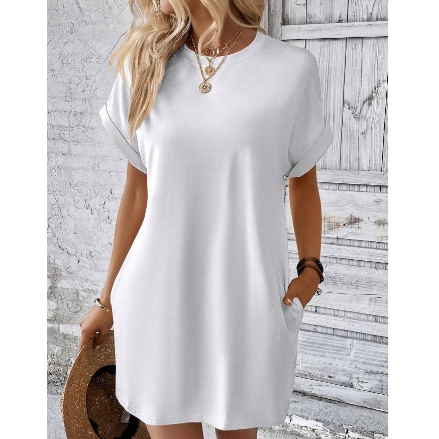 

Літня однотонна літня сукня з квітковим принтом із плюшем, літня тонка сорочка з коротким рукавом і великим подолом, вільні елегантні сукні для пляжної вечірки S-2XL M білий