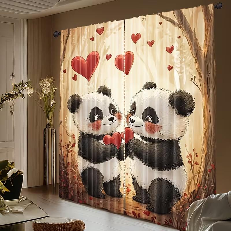 2 Stück niedliche herzförmige Vorhänge mit Pandamotiv, geeignet für Schlafzimmer-, Wohnzimmer- und Küchendekoration, Heimdekoration, Fensterdekoration