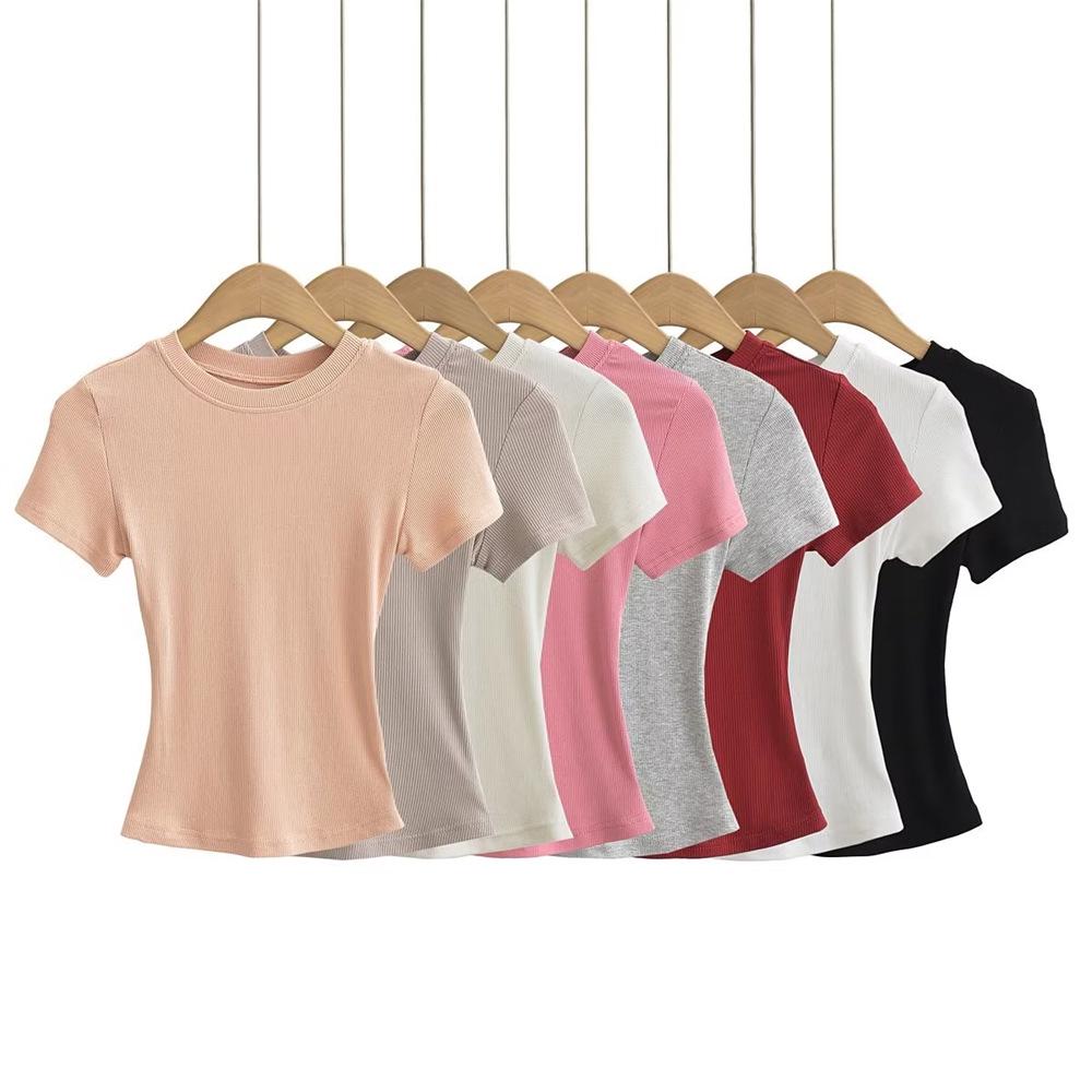 Trendy Women's Ribbed Slim Fit Short Sleeve T-Shirt with Sexy Round Neck and Straight Shoulders.
