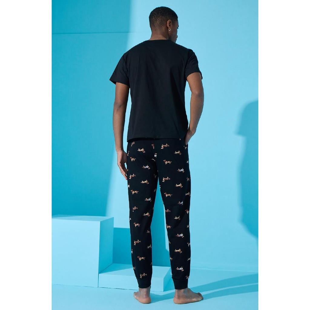 Kurzärmliges Herren-Pyjama-Set mit Dogg-Print in Schwarz