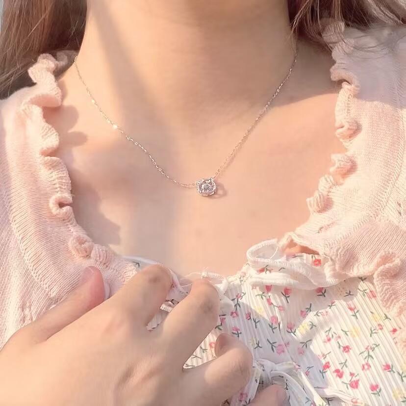 Pink Diamond KT Cat Necklace Female Cute Handmade Beating Heart Girl Sweet Fashion Personality Versatile Cat Head Collarbone Chain