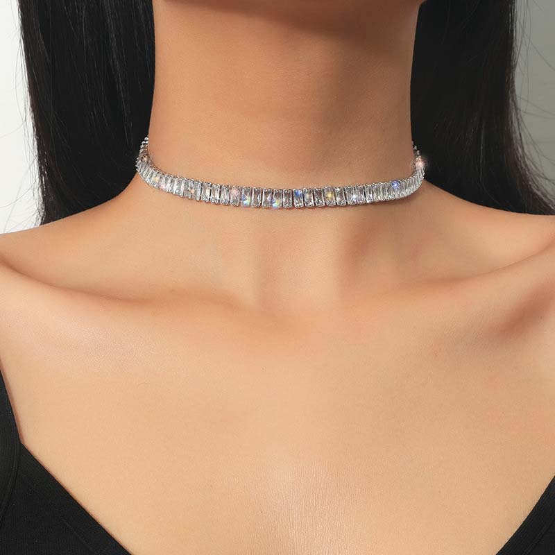 Stainless Steel Copper Color Zircon Choker Necklace for Women Exquisite Crystal Rectangle Geometric Necklace Wedding Zircon