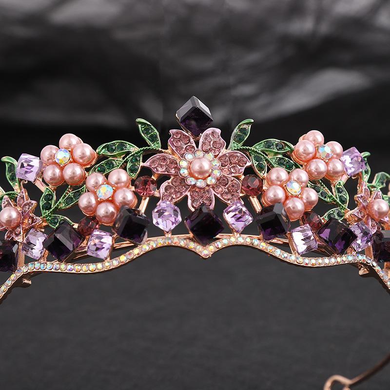 Barocke Lila Kristall Hochzeitskrone für Frauen Strass Perlen Tiaras und Kronen Königin Braut Kopfschmuck Mädchen Haarschmuck