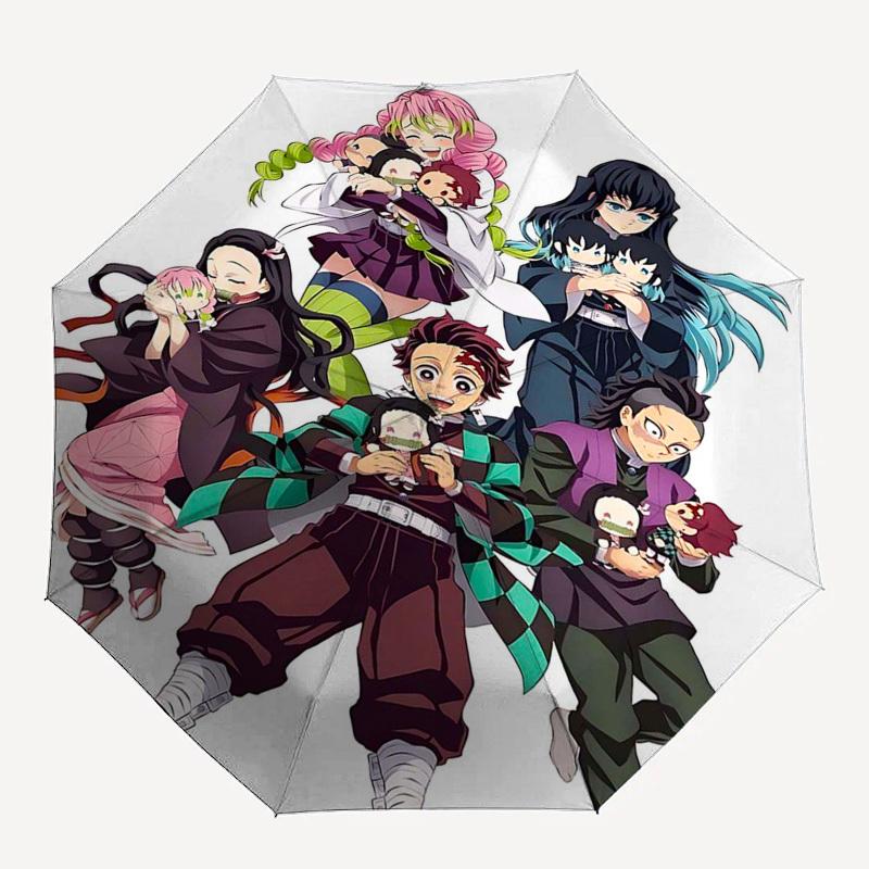 1pc Automatically Opening Umbrella with Tanjiro, Nezuko, Zenitsu, Kyojuro, Rengoku, Shinobu, Giyuu & Shinobu Characters, Portable 3-Fold Design, 8-Bon