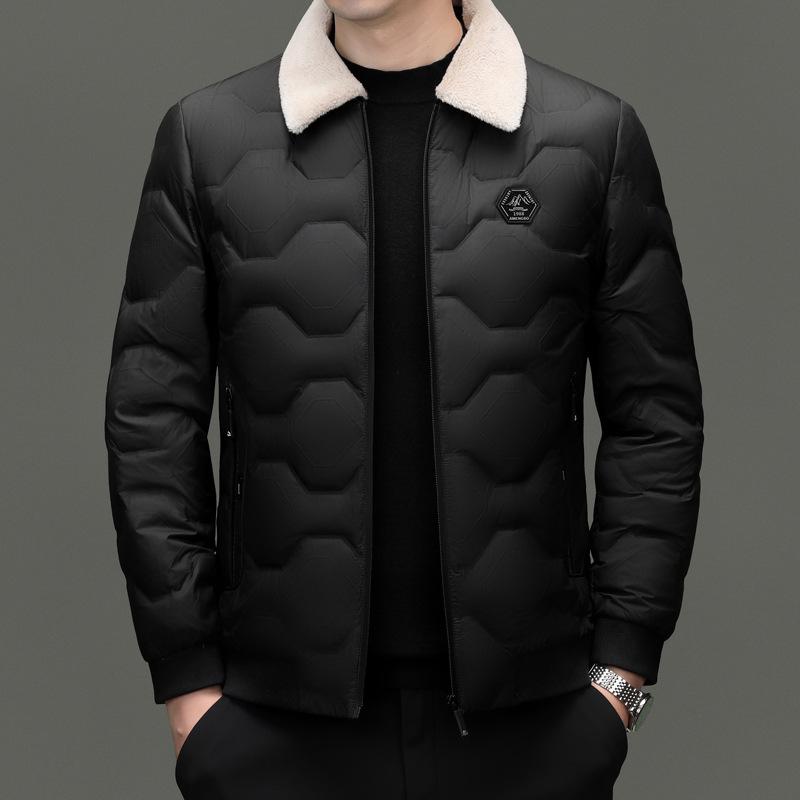 Men's Wool Collar Lightweight Down Jacket - Fashionable, Warm, Short Lapel Winter Coat for Middle-Aged