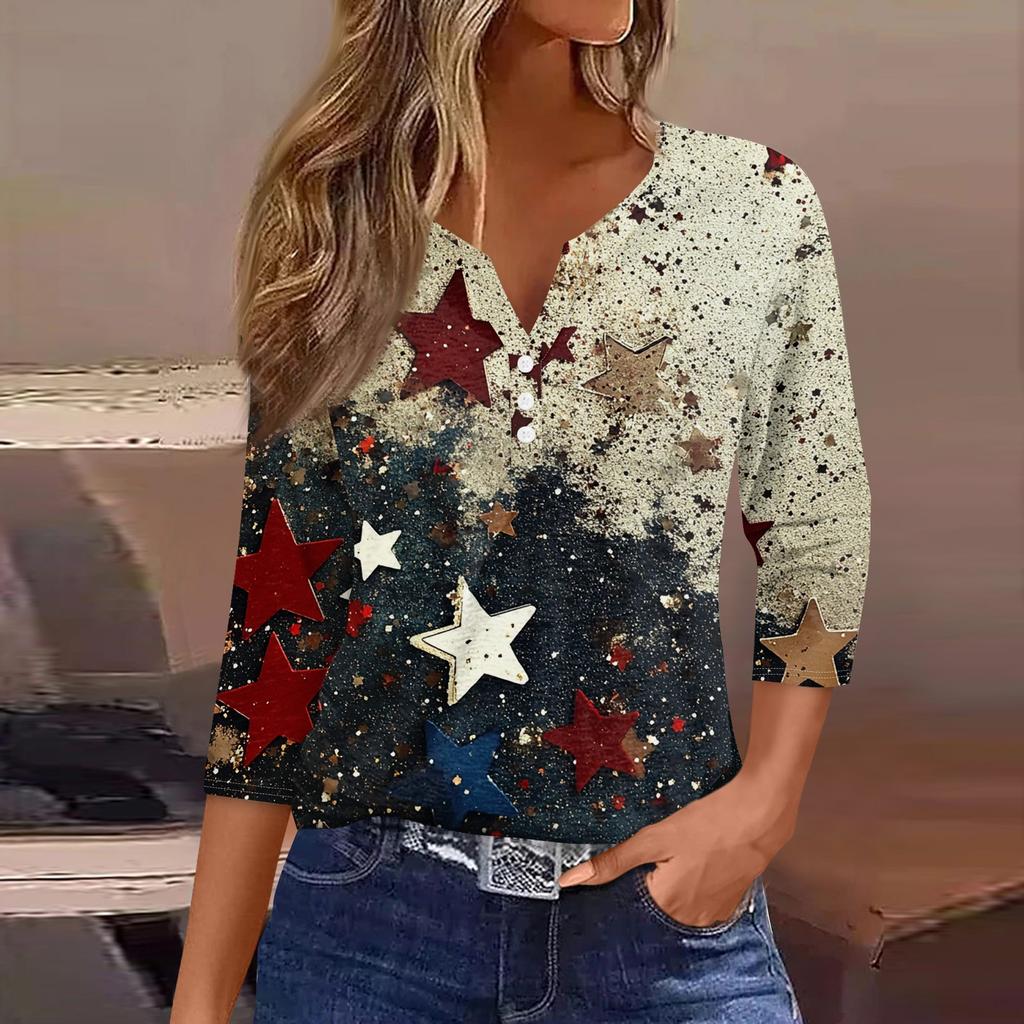 Damen T-Shirt mit Aufdruck, Knopfleiste, 3/4-Ärmel, modisch für den Alltag und das Wochenende, Basic, V-Ausschnitt, normales Oberteil