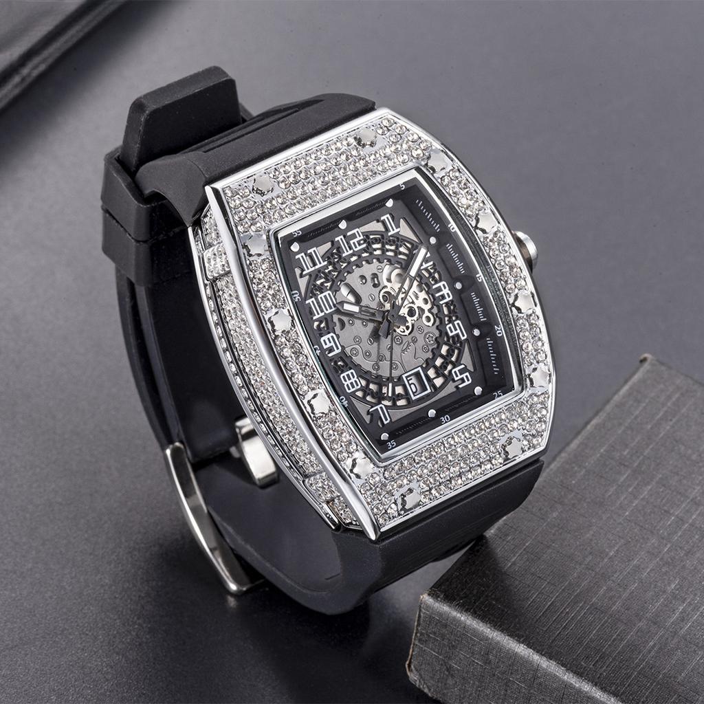 European and American Personality Full of Diamond Barrel Type Silica Gel Strap Quartz Men's Watch