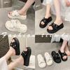 Fashion Cross-Tied Shoes Woman 2025 Low House Slippers Platform Pantofle String Bead Summer New Cotton Fabric Slides Rome Rubber PU Hoof