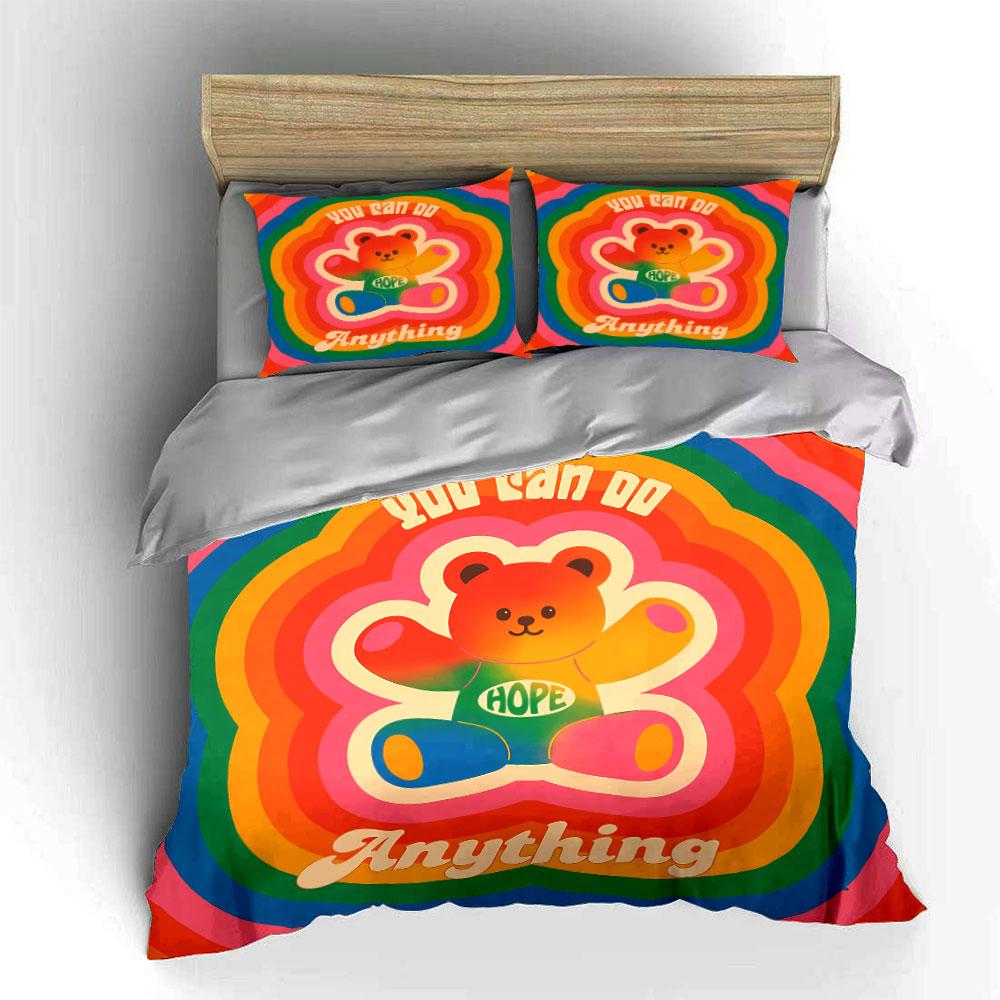 Colorful Bear with Hope Message Bedding Duvet Cover Set Duvet Cover Pillowcases (1*Duvet Cover 2*Pillowcases, without duvet insert)