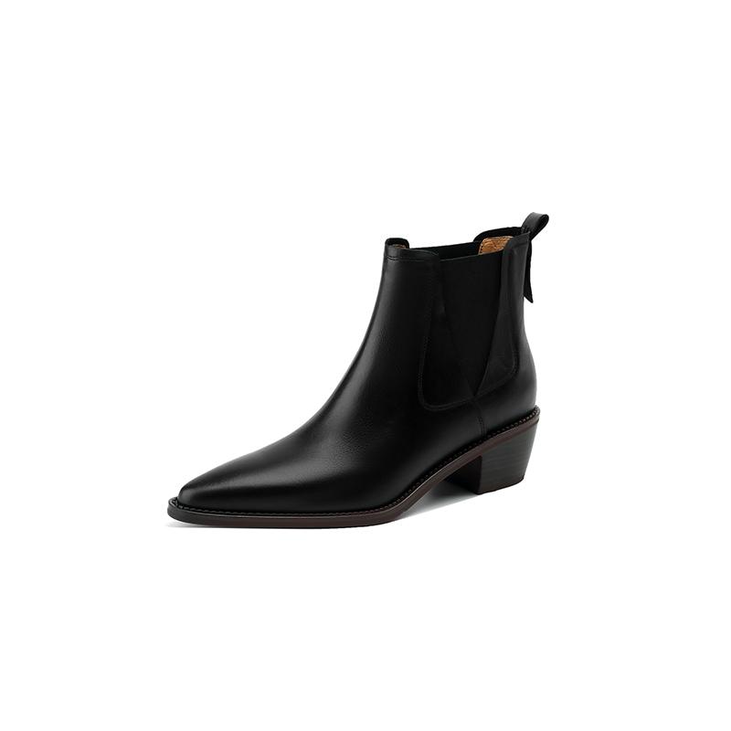 2024 Vintage Women Genuine Leather Ankle Boots Autumn Winter Thick Heels High Quality Elastic Band Office Lady Retro Shoes Woman