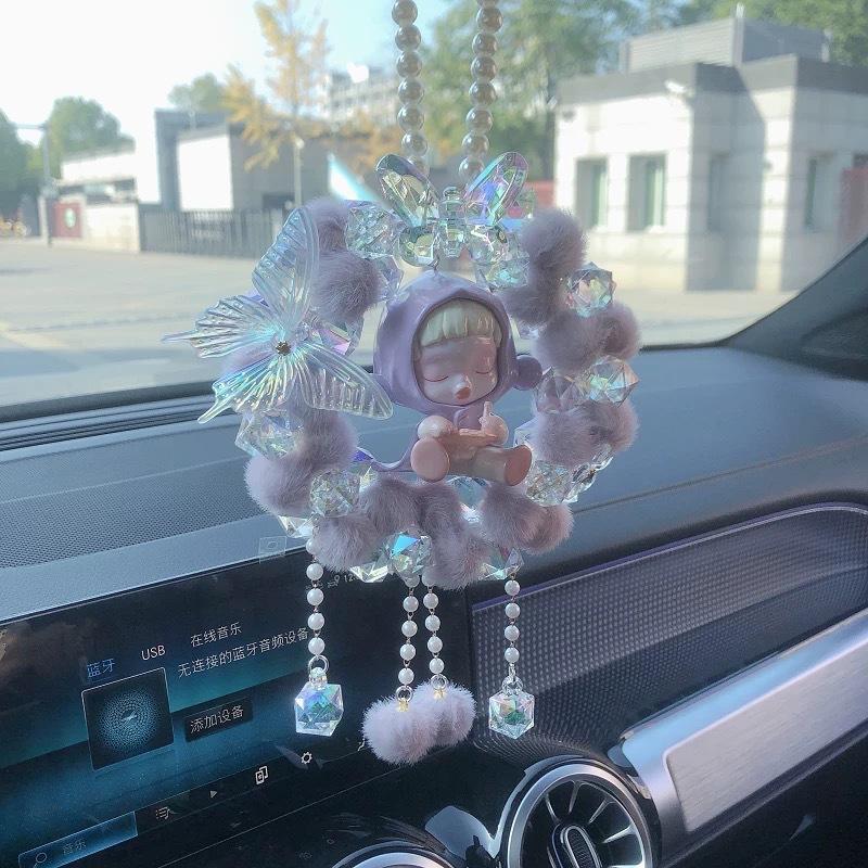 Car Rearview Mirror Ornament: Pom-Pom Butterfly, Fully Embellished, Ready-to-Hang, Cute Gift for Girls