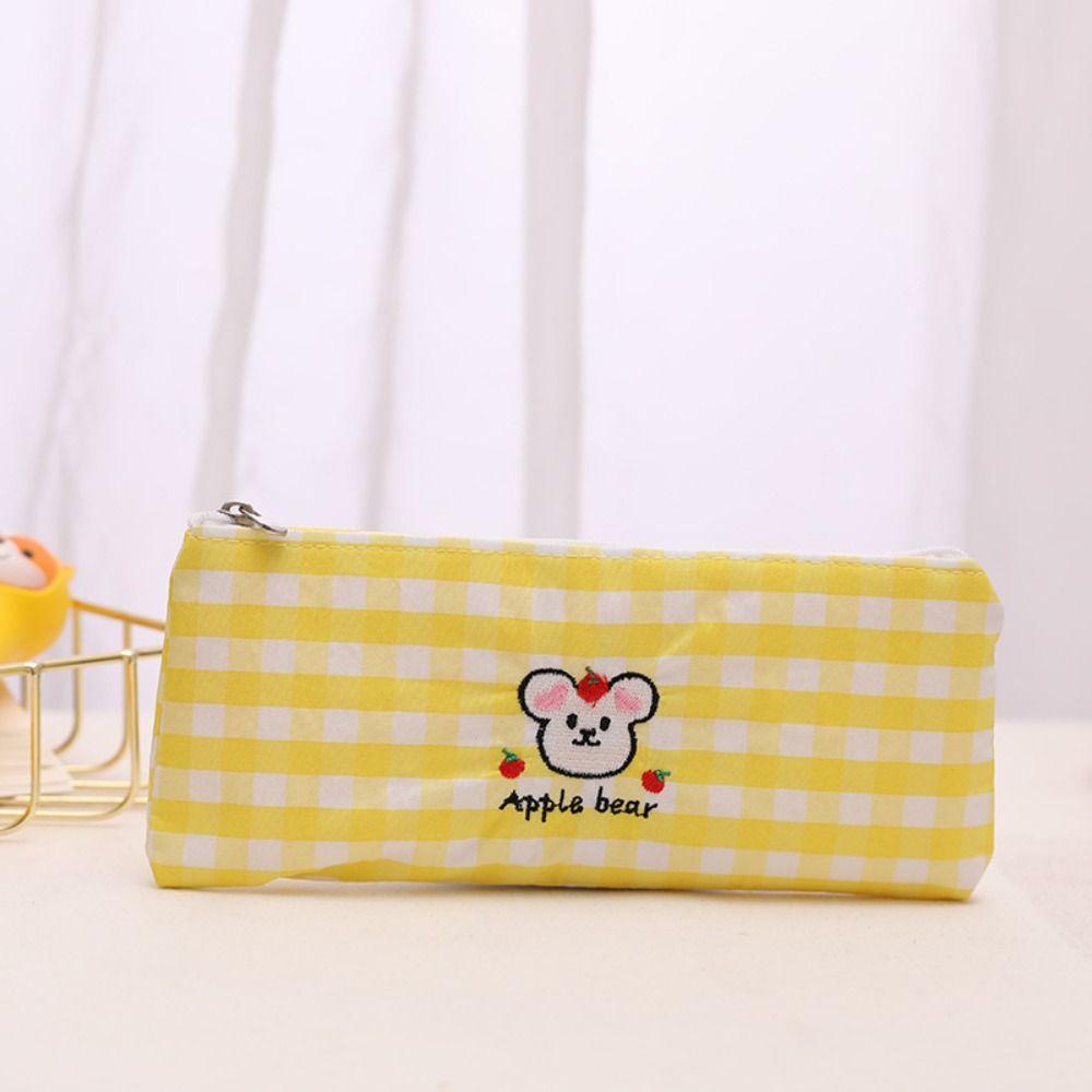 Korean Ins Cartoon Embroidery Pen Bag Creative Stationery Storage Pouch Plaid Pencil Case  Travel style 7