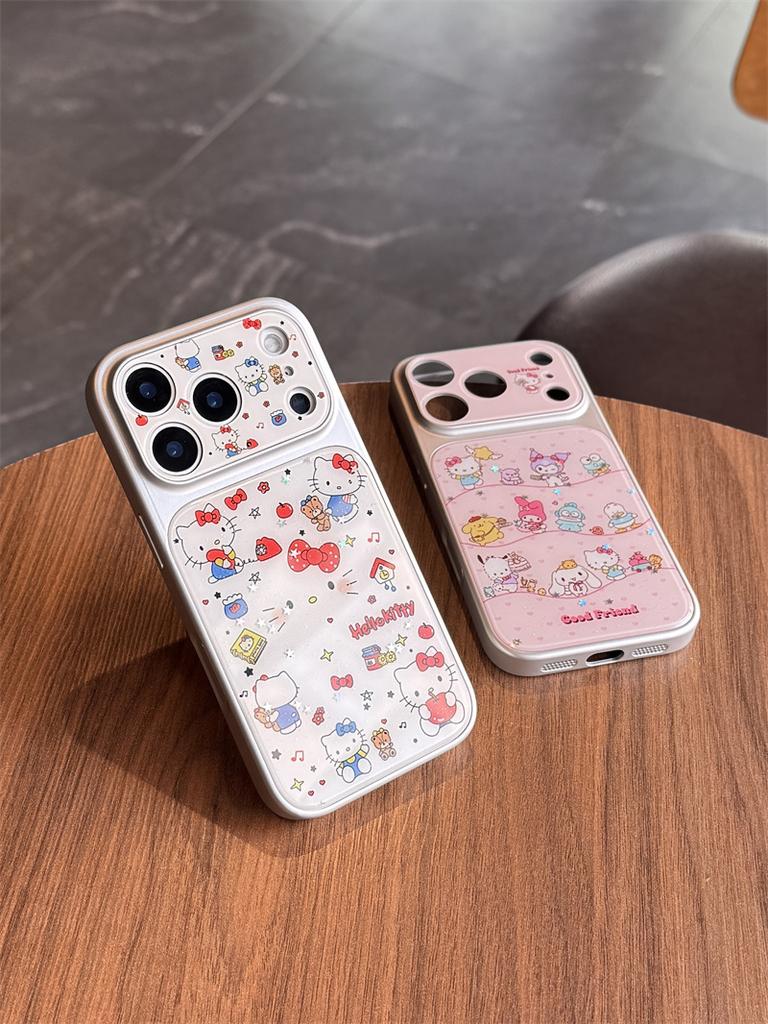 Kawaii Characters Hello Kitty Glitter Phone Case For iPhone 15 16 17 Pro Max INS Cute Sweet Style Large Window Shockproof